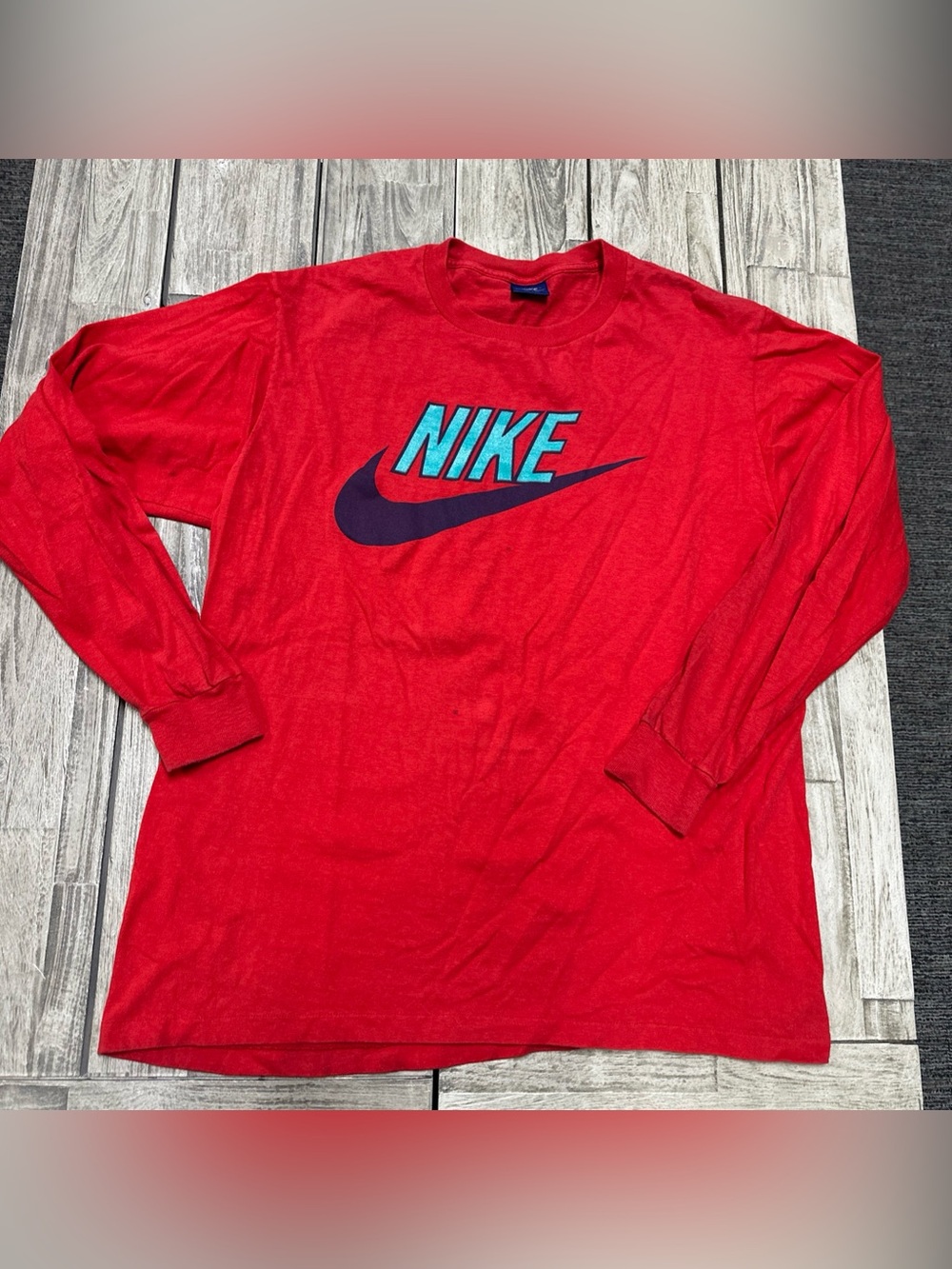 Vintage 80s Nike T Shirt Long Sleeve Size Large Blue Tag Logo Made In USA Red